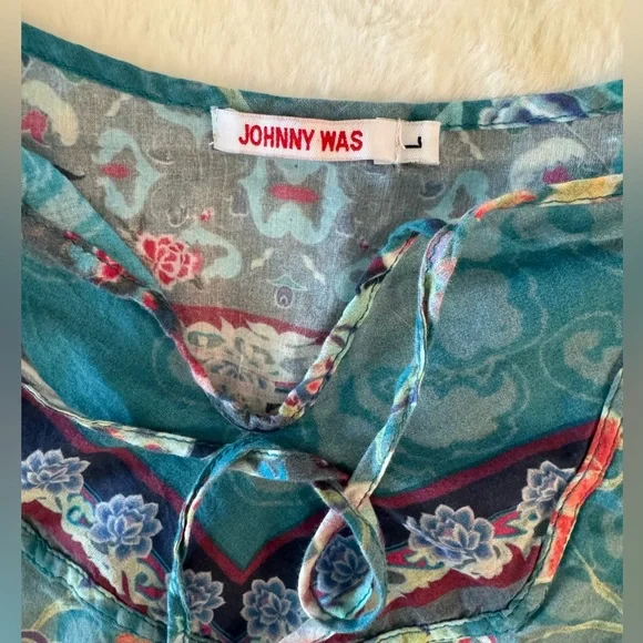 Johnny Was Teal Blue Floral & Birds Lightweight Cotton Ruffle Trim Cover-Up - Picture 8 of 12
